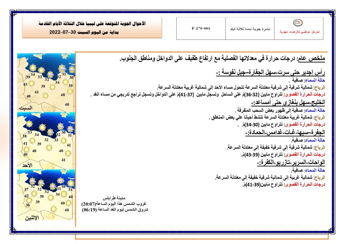 النشرة الجوية ليوم السبت الموافق 30 – 07 – 2022 الصادرة عن المركز الوطني للأرصاد الجوية