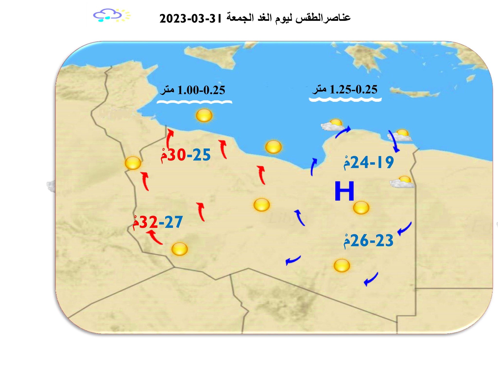 النشرة الجوية ليوم الخميس الموافق 30– 03 – 2023 الصادرة عن المركز الوطني للأرصاد الجوية