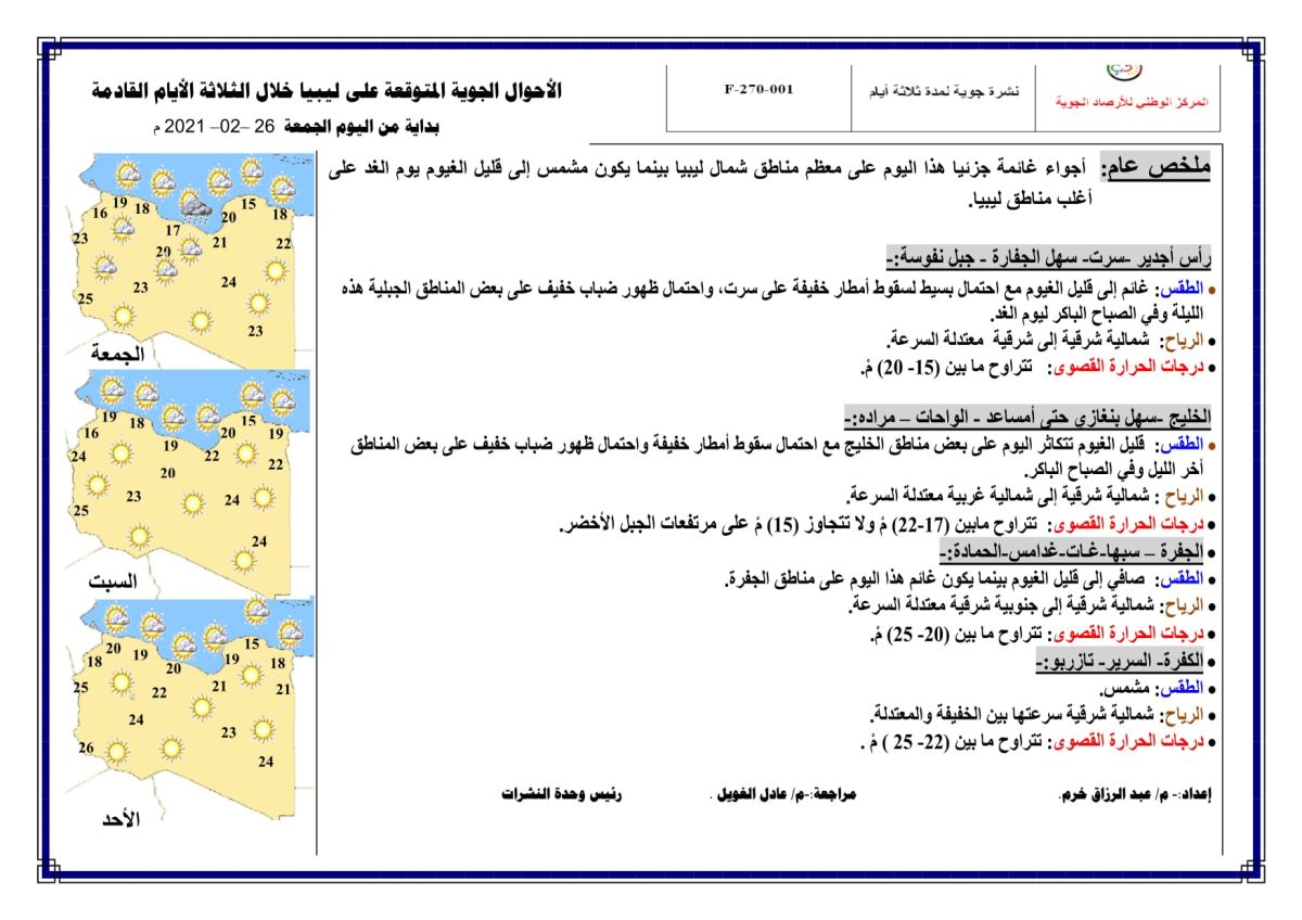 النشرة الجوية ليوم الجمعة الموافق 26 – 02 – 2021 الصادرة عن المركز الوطني للأرصاد الجوية