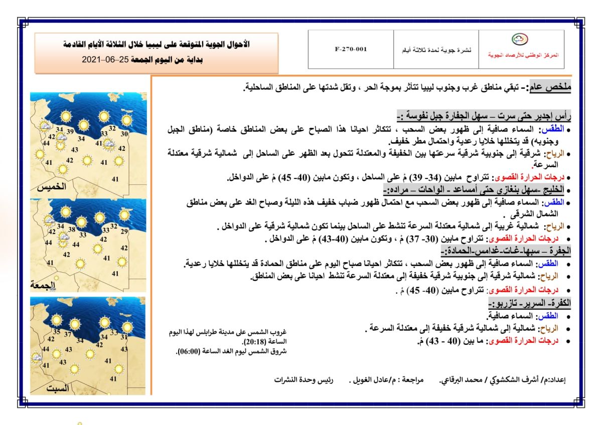 النشرة الجوية ليوم الجمعة الموافق 25 – 06 – 2021 الصادرة عن المركز الوطني للأرصاد الجوية