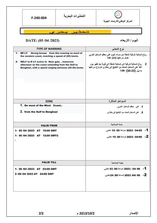 النشرة الجوية ليوم الاربعاء الموافق 05– 04 – 2023 الصادرة عن المركز الوطني للأرصاد الجوية