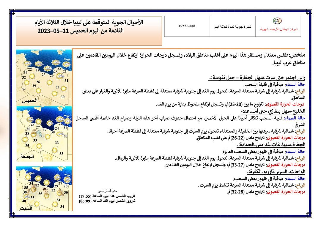 النشرة الجوية ليوم الخميس الموافق 11 – 05 – 2023 الصادرة عن المركز الوطني للأرصاد الجوية