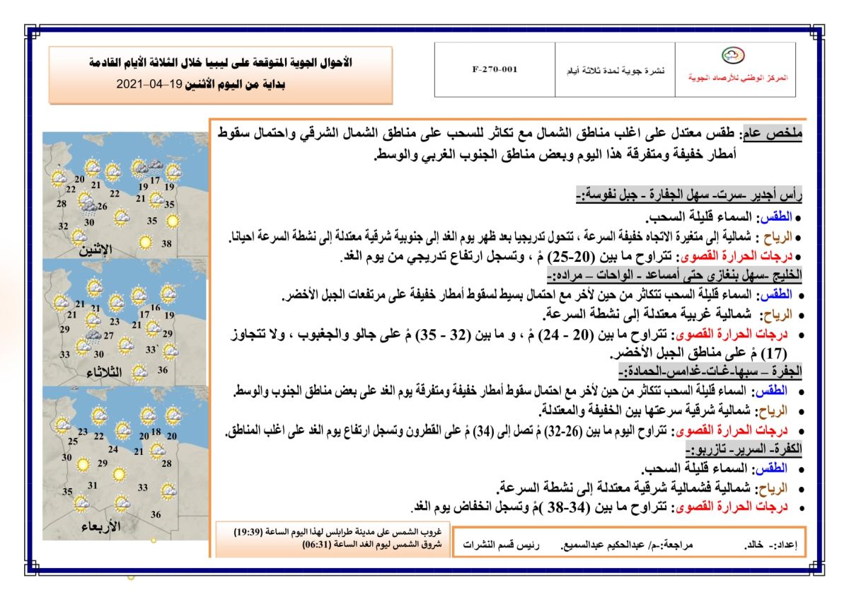 النشرة الجوية ليوم الاثنين الموافق 19 – 04 – 2021 الصادرة عن المركز الوطني للأرصاد الجوية