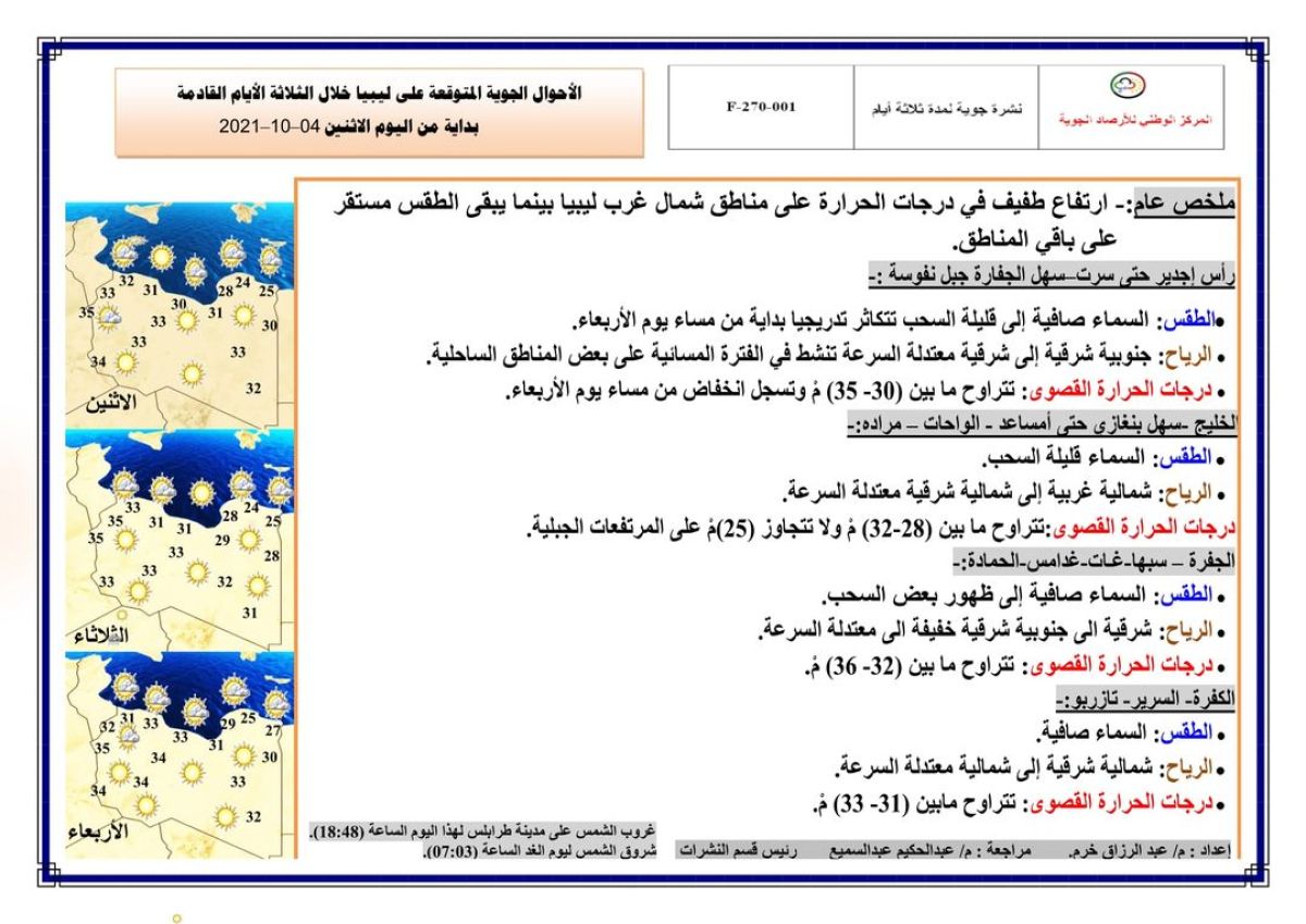 النشرة الجوية ليوم الاثنين الموافق 04– 10 – 2021 الصادرة عن المركز الوطني للأرصاد الجوية