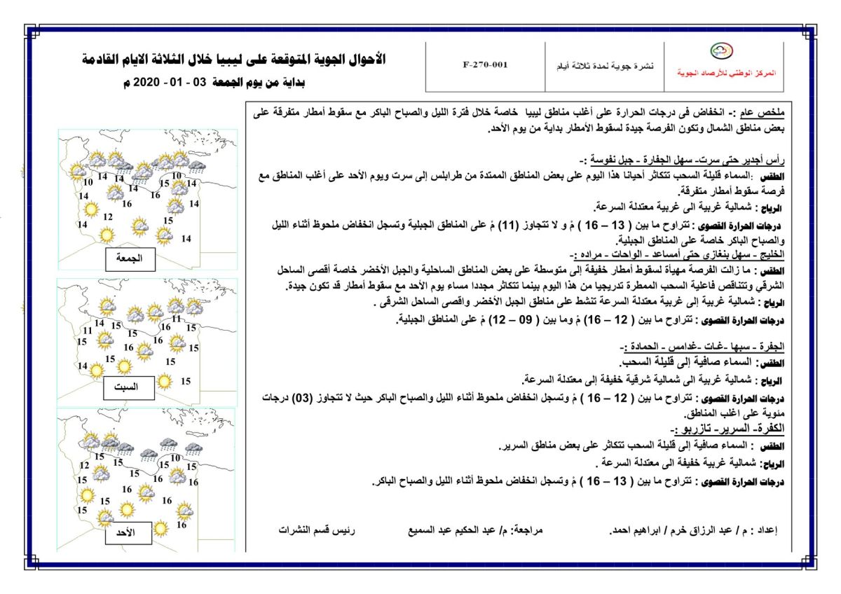 النشرة الجوية ليوم الجمعة الموافق 03 – 01 – 2020 الصادرة عن المركز الوطني للأرصاد الجوية