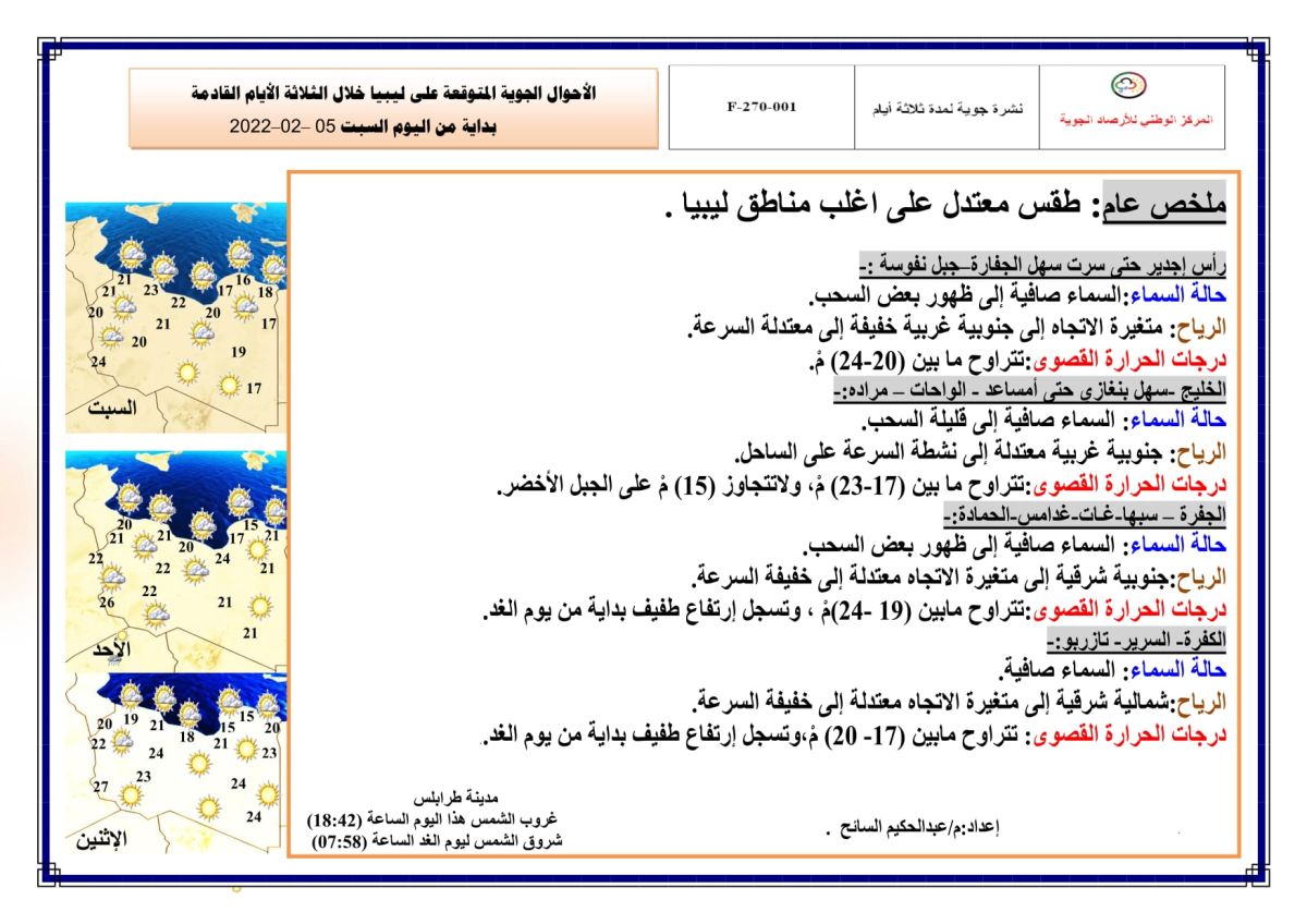 النشرة الجوية ليوم السبت الموافق 05 – 02 – 2022 الصادرة عن المركز الوطني للأرصاد الجوية