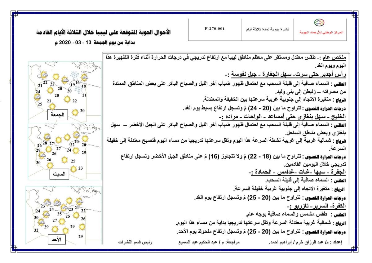 النشرة الجوية ليوم الجمعة الموافق 13 – 03 – 2020 الصادرة عن المركز الوطني للأرصاد الجوية