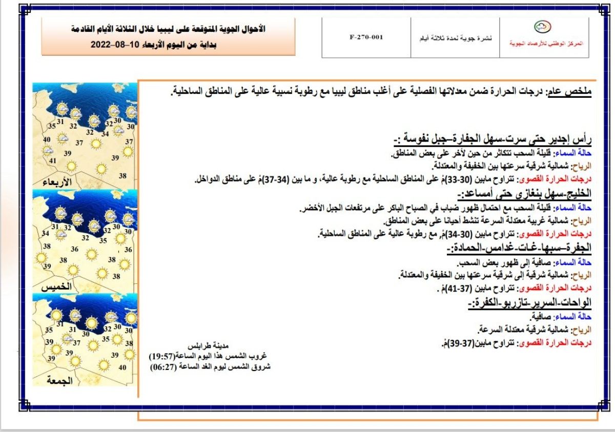 النشرة الجوية ليوم الإربعاء الموافق 10 – 08 – 2022 الصادرة عن المركز الوطني للأرصاد الجوية