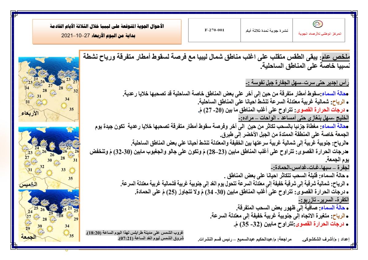 النشرة الجوية ليوم الإربعاء الموافق 27 – 10 – 2021 الصادرة عن المركز الوطني للأرصاد الجوية