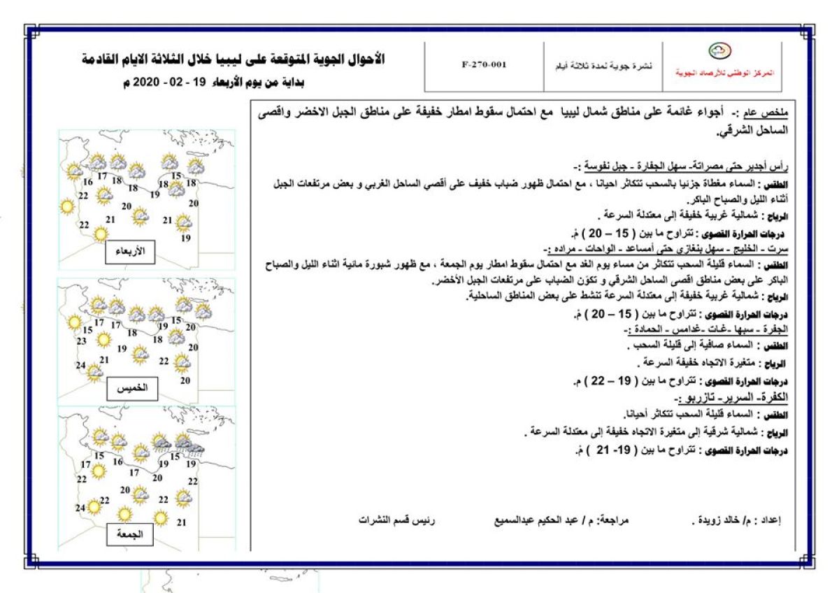 النشرة الجوية ليوم الإربعاء الموافق 19 – 02 – 2020 الصادرة عن المركز الوطني للأرصاد الجوية