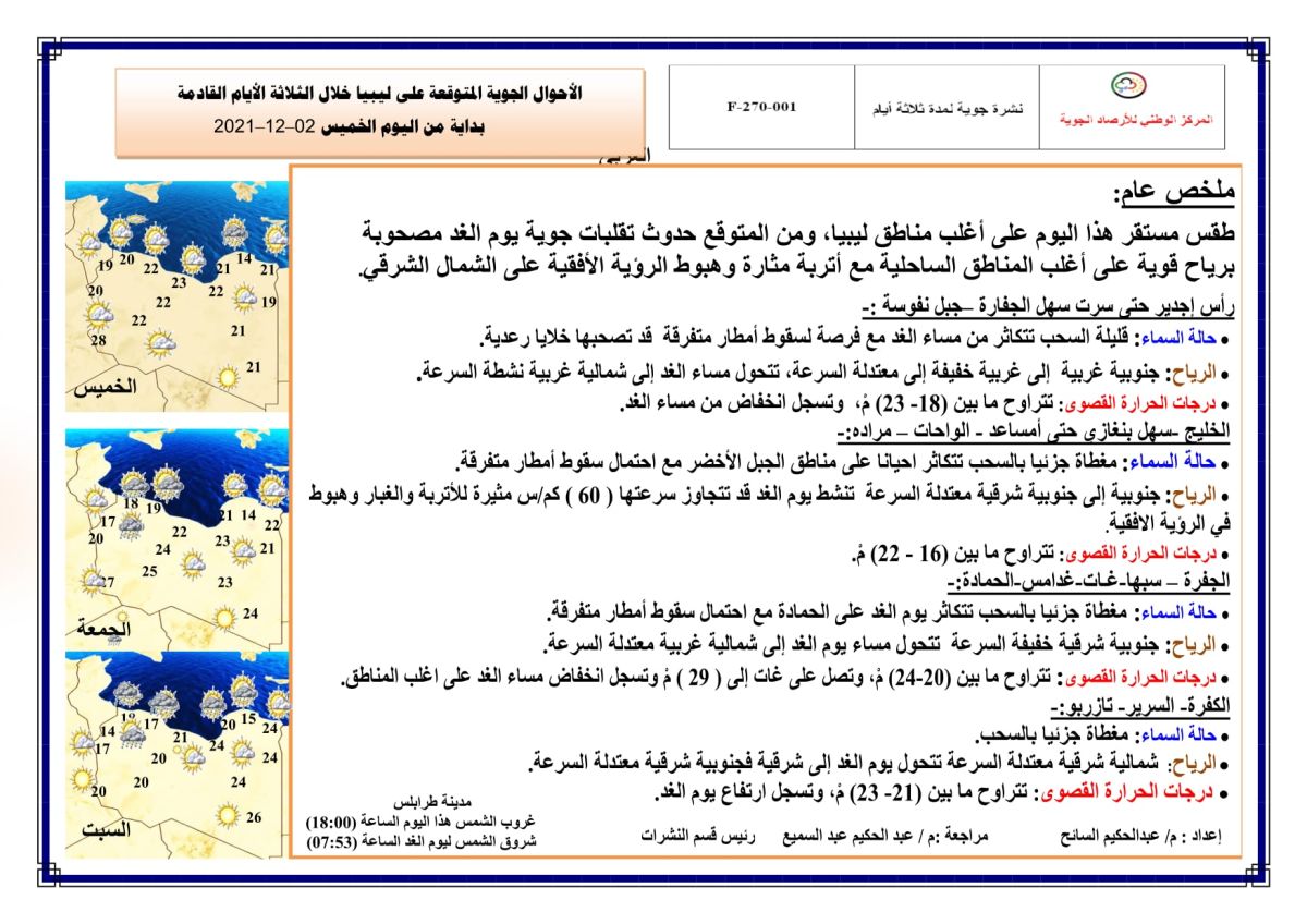 النشرة الجوية ليوم الخميس الموافق 02 – 12 – 2021 الصادرة عن المركز الوطني للأرصاد الجوية