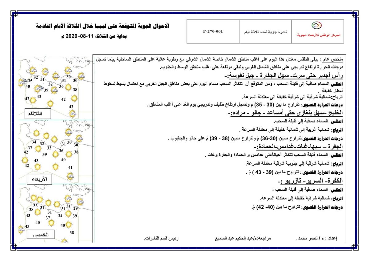 النشرة الجوية ليوم الثلاثاء الموافق 11 – 08 – 2020 الصادرة عن المركز الوطني للأرصاد الجوية