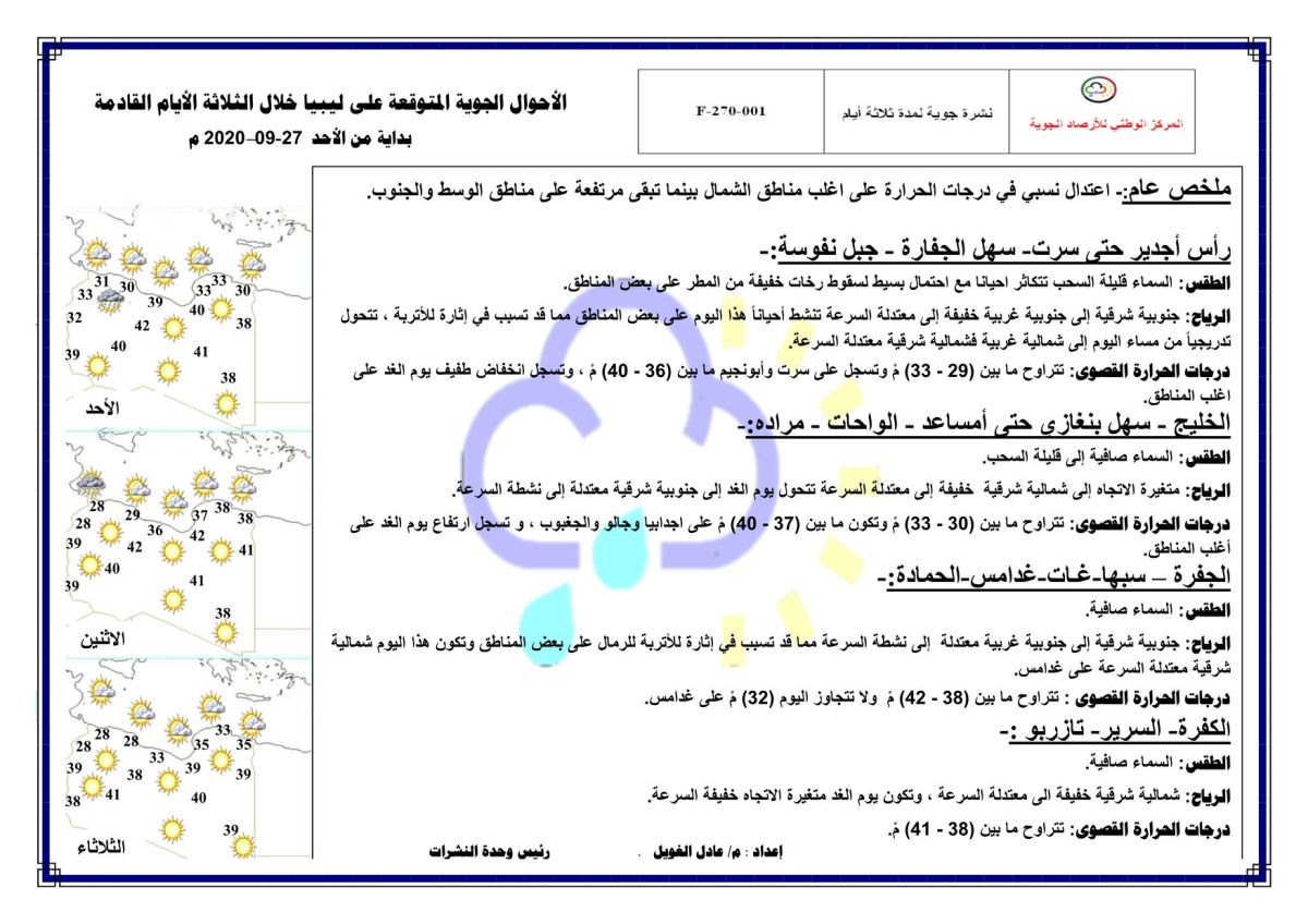 النشرة الجوية ليوم الأحد الموافق 27 – 09 – 2020 الصادرة عن المركز الوطني للأرصاد الجوية