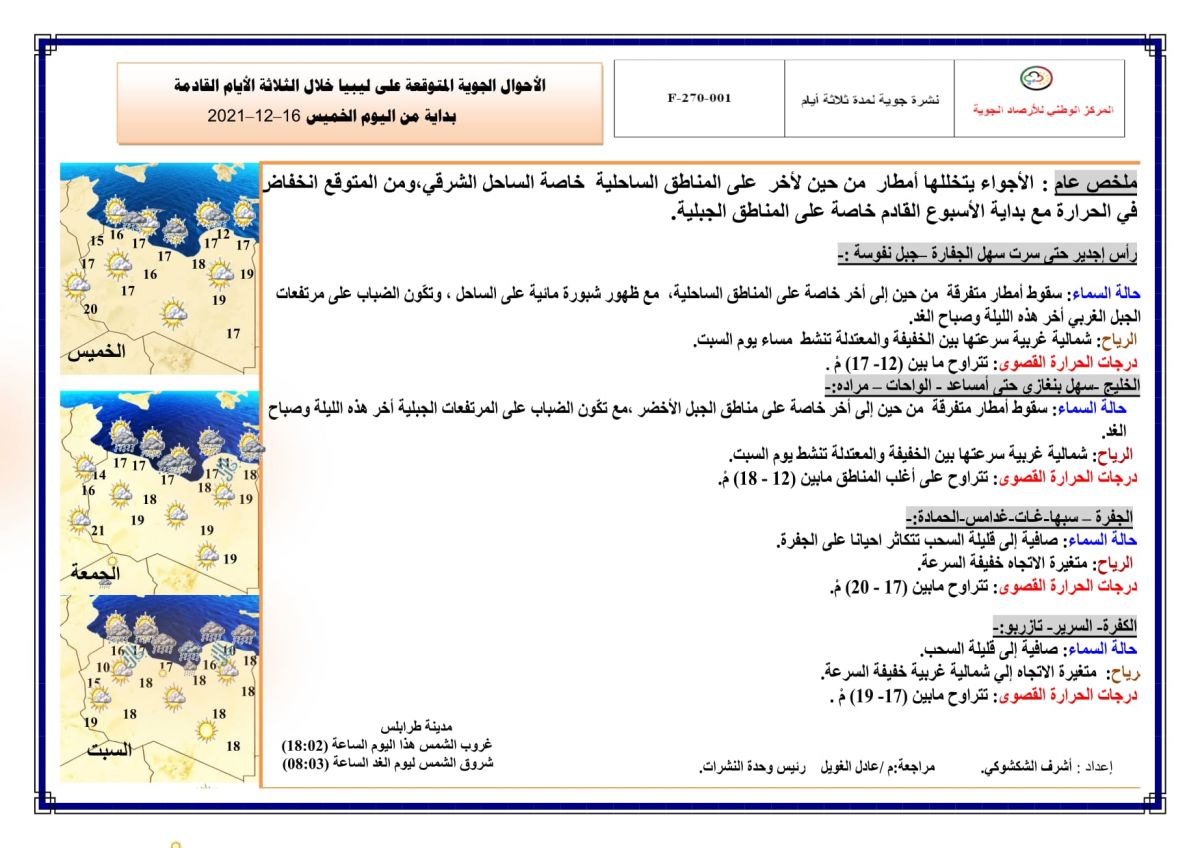 النشرة الجوية ليوم الخميس الموافق 16 – 12 – 2021 الصادرة عن المركز الوطني للأرصاد الجوية