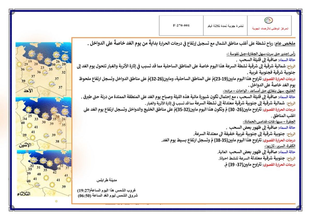 النشرة الجوية ليوم الأحد الموافق 03 – 04 – 2022 الصادرة عن المركز الوطني للأرصاد الجوية