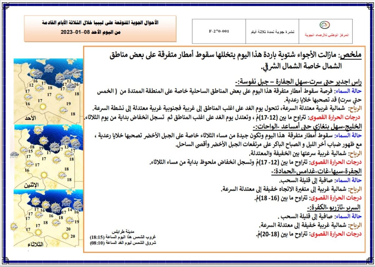 النشرة الجوية ليوم الأحد الموافق 08 – 01 – 2023 الصادرة عن المركز الوطني للأرصاد الجوية