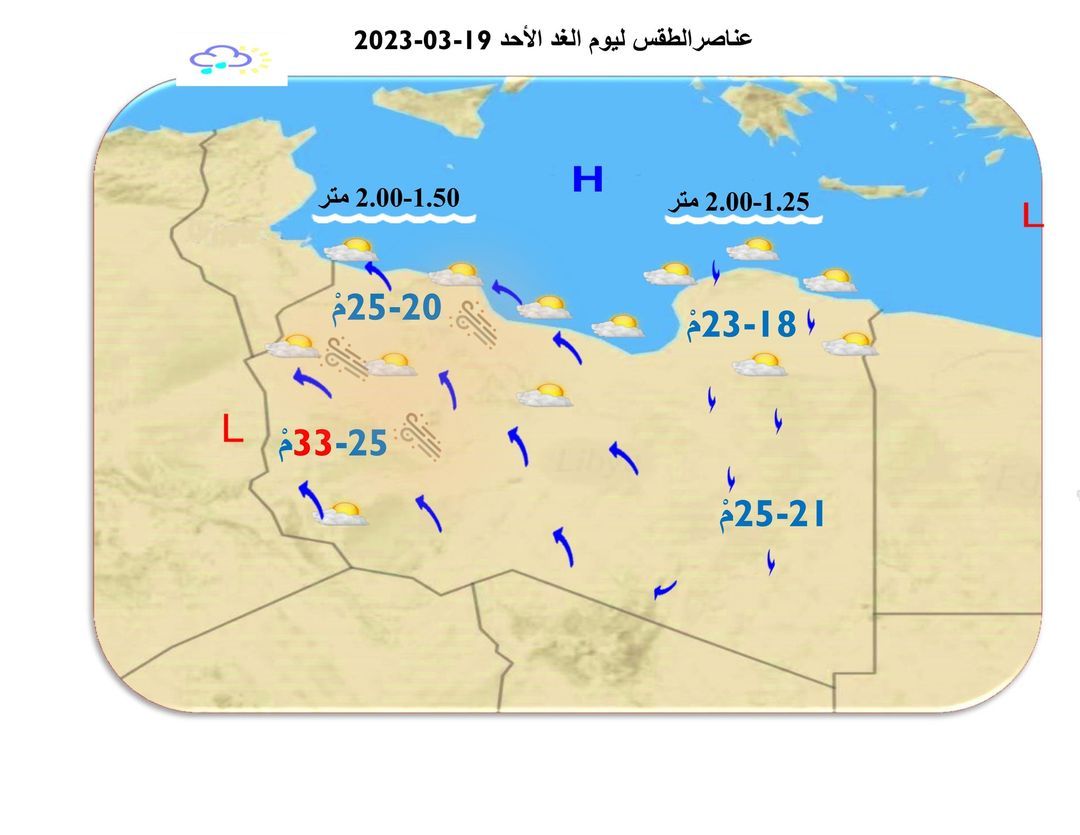 النشرة الجوية ليوم السبت الموافق 18– 03 – 2023 الصادرة عن المركز الوطني للأرصاد الجوية