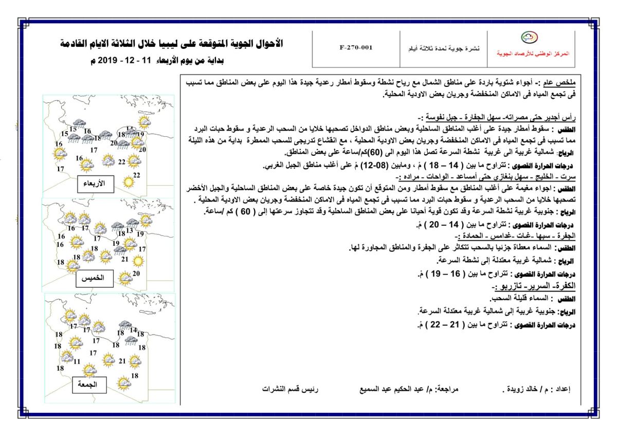 النشرة الجوية ليوم الإربعاء الموافق 11 – 12 – 2019 الصادرة عن المركز الوطني للأرصاد الجوية