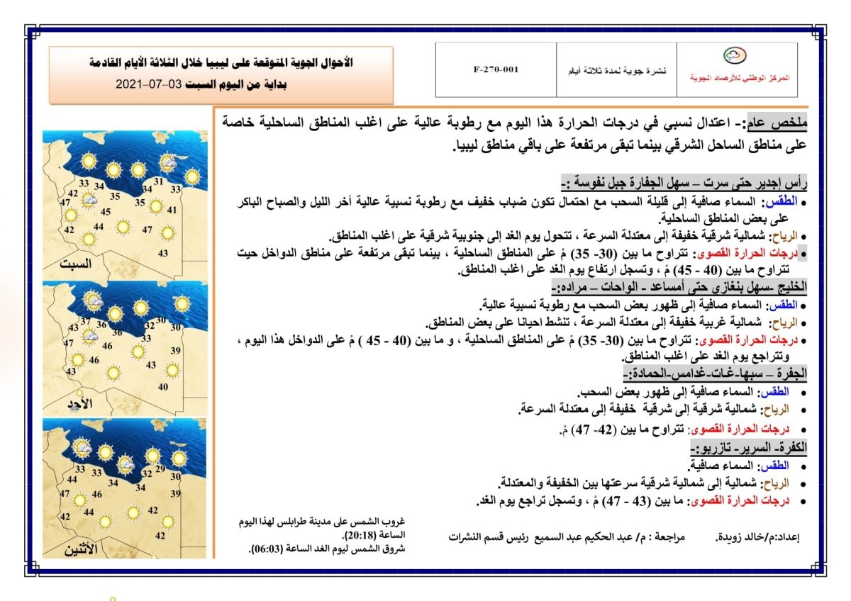 النشرة الجوية ليوم السبت الموافق 03 – 07 – 2021 الصادرة عن المركز الوطني للأرصاد الجوية