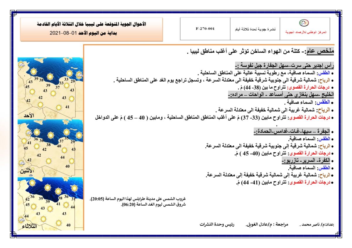 النشرة الجوية ليوم الأحد الموافق 01 – 08 – 2021 الصادرة عن المركز الوطني للأرصاد الجوية