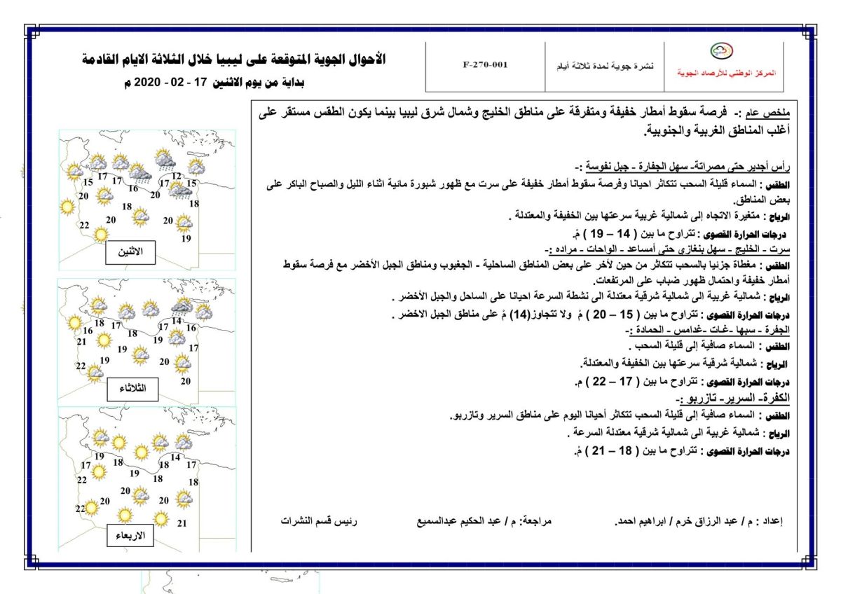 النشرة الجوية ليوم الاثنين الموافق 17 – 02 – 2020 الصادرة عن المركز الوطني للأرصاد الجوية