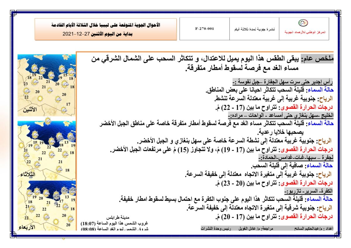 النشرة الجوية ليوم الاثنين الموافق 27 – 12 – 2021 الصادرة عن المركز الوطني للأرصاد الجوية