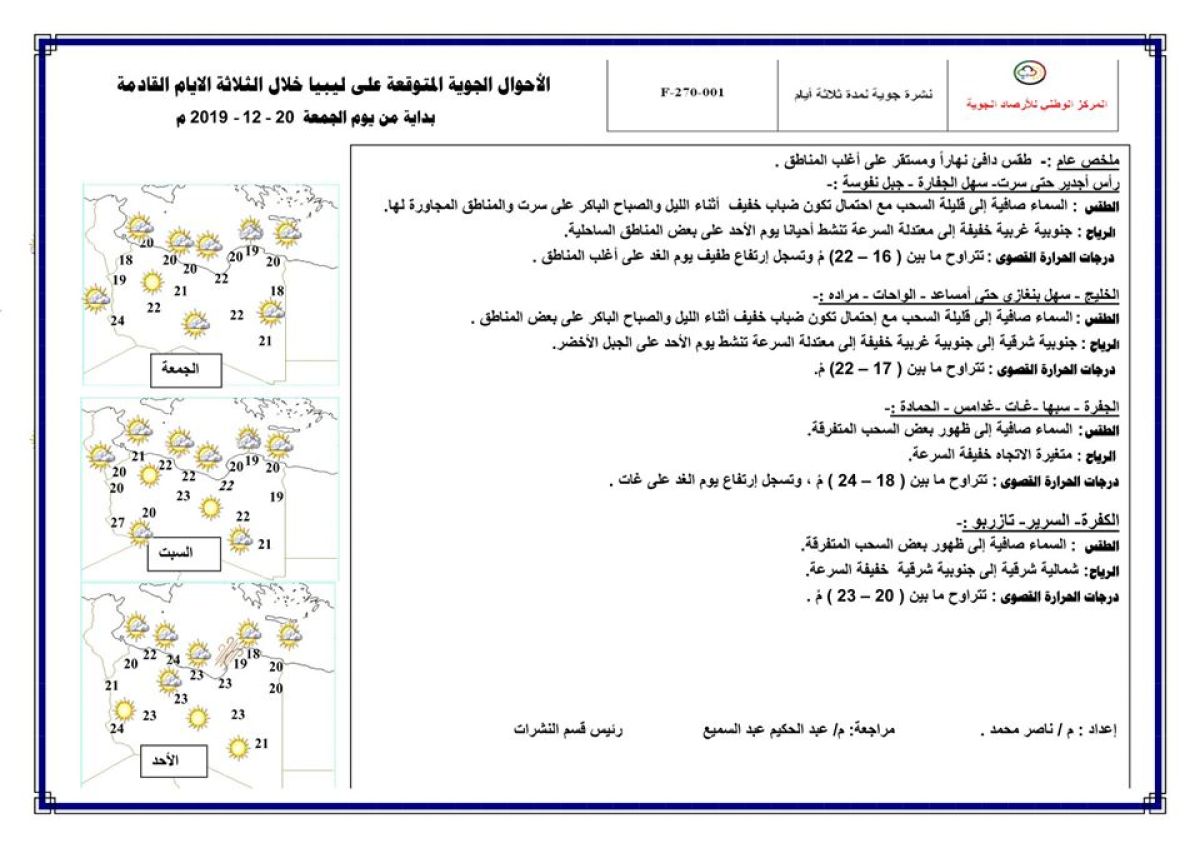 النشرة الجوية ليوم الجمعة الموافق 20 – 12 – 2019 الصادرة عن المركز الوطني للأرصاد الجوية