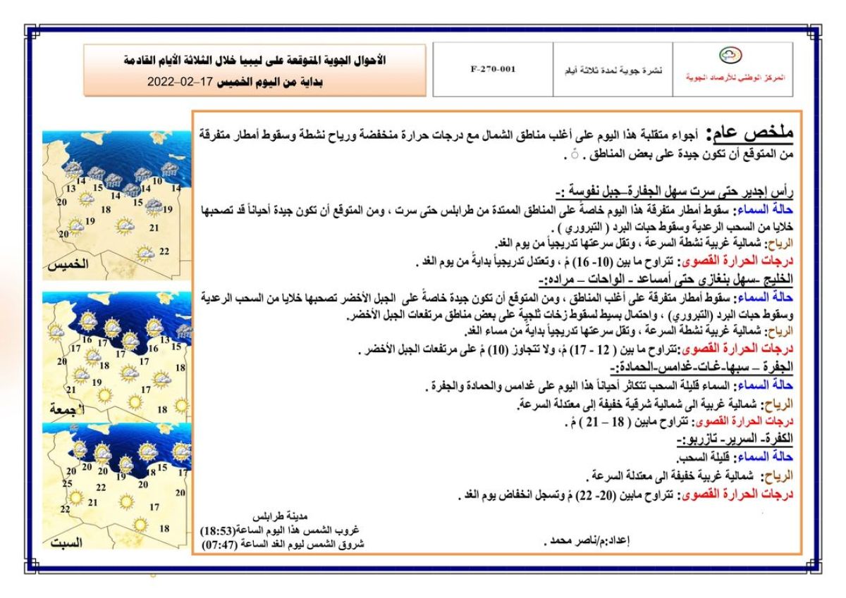 النشرة الجوية ليوم الخميس الموافق 17 – 02 – 2022 الصادرة عن المركز الوطني للأرصاد الجوية