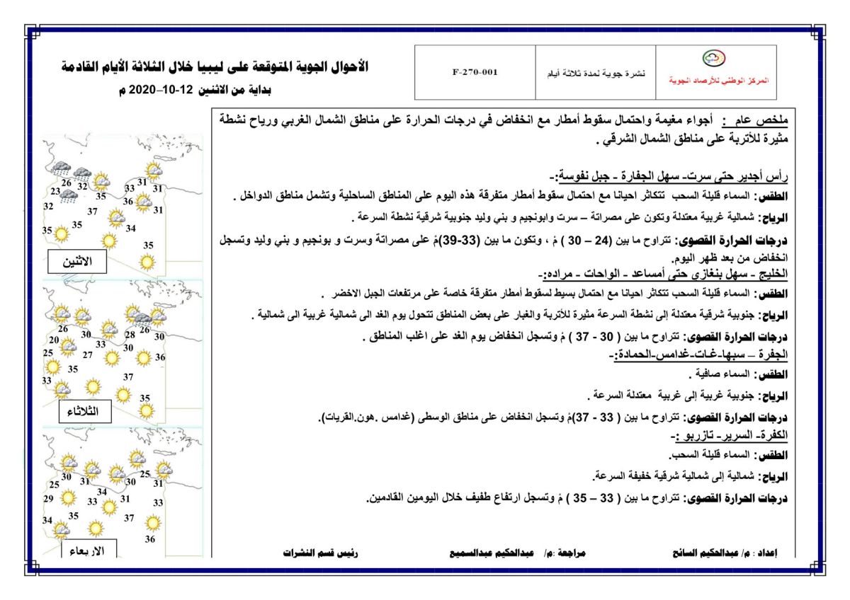 النشرة الجوية ليوم الاثنين الموافق 12 – 10 – 2020 الصادرة عن المركز الوطني للأرصاد الجوية 1 النشرة الجوية ليوم الاثنين الموافق 12 – 10 – 2020 الصادرة عن المركز الوطني للأرصاد الجوية