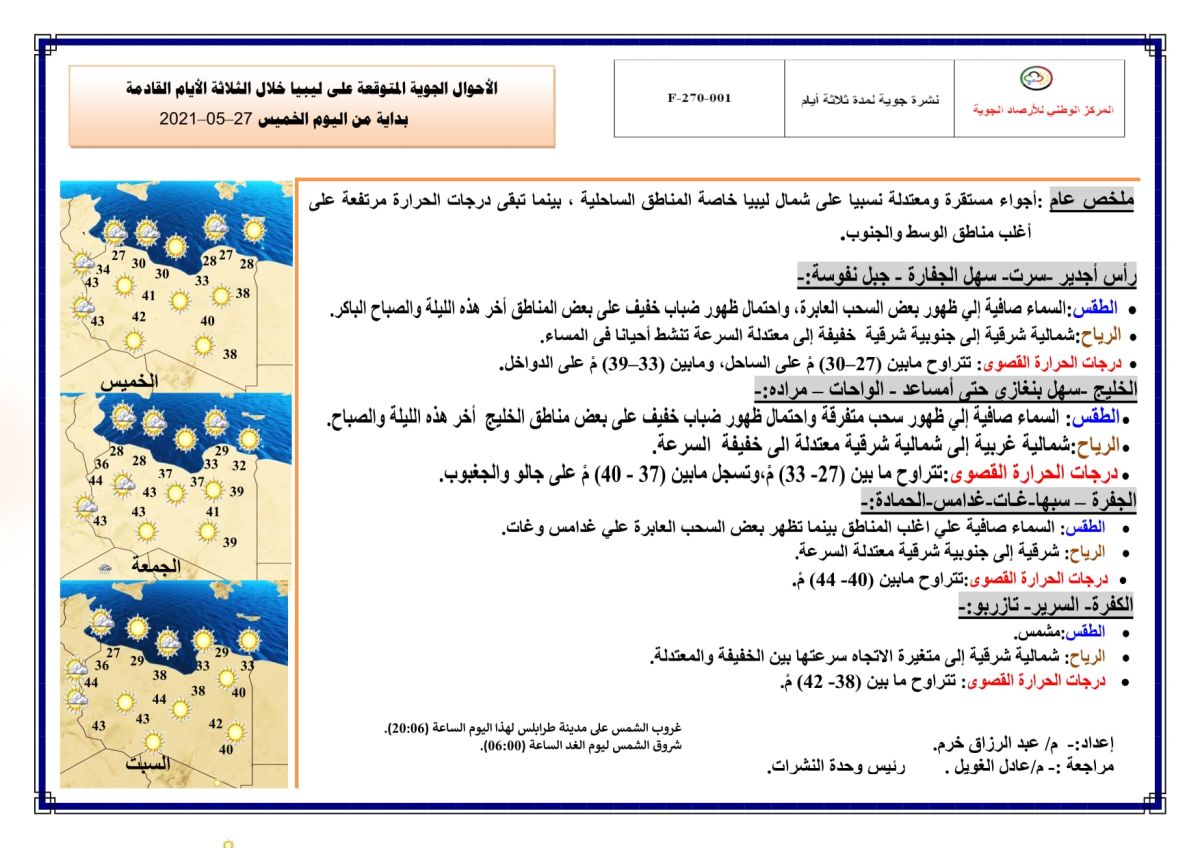 النشرة الجوية ليوم الخميس الموافق 27 – 05 – 2021 الصادرة عن المركز الوطني للأرصاد الجوية