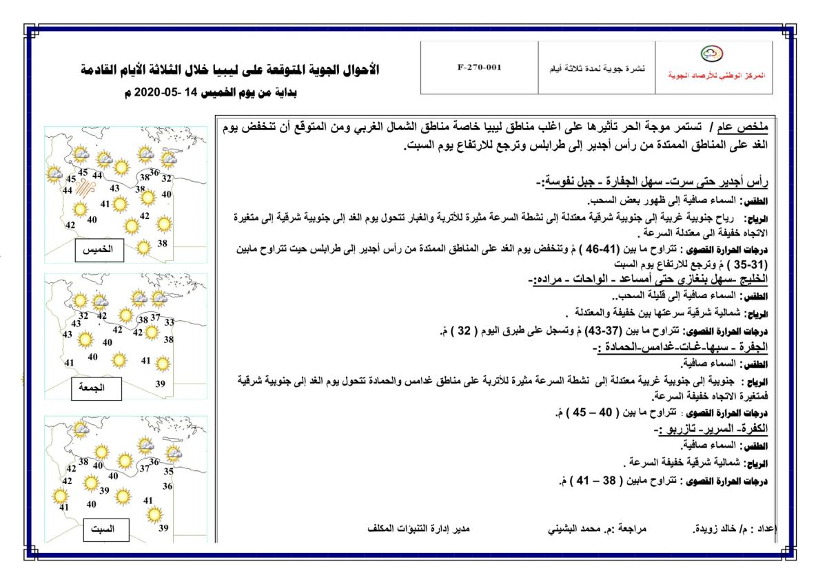 النشرة الجوية ليوم الخميس الموافق 14 – 05 – 2020 الصادرة عن المركز الوطني للأرصاد الجوية