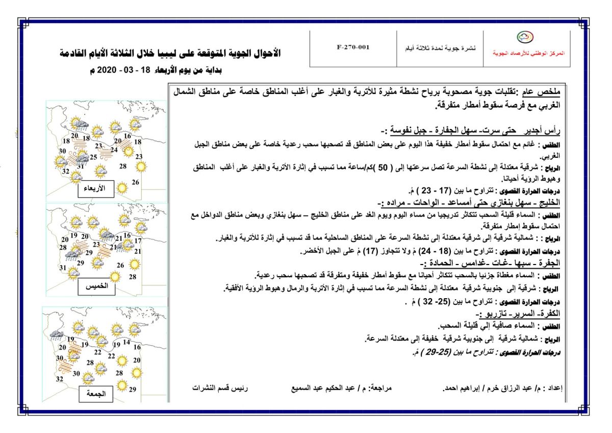 النشرة الجوية ليوم الإربعاء الموافق 18 – 03 – 2020 الصادرة عن المركز الوطني للأرصاد الجوية