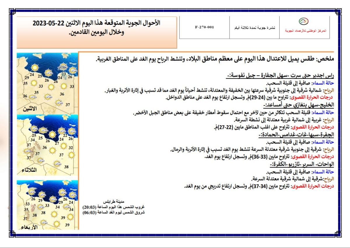 النشرة الجوية ليوم الاثنين الموافق 22– 05 – 2023 الصادرة عن المركز الوطني للأرصاد الجوية