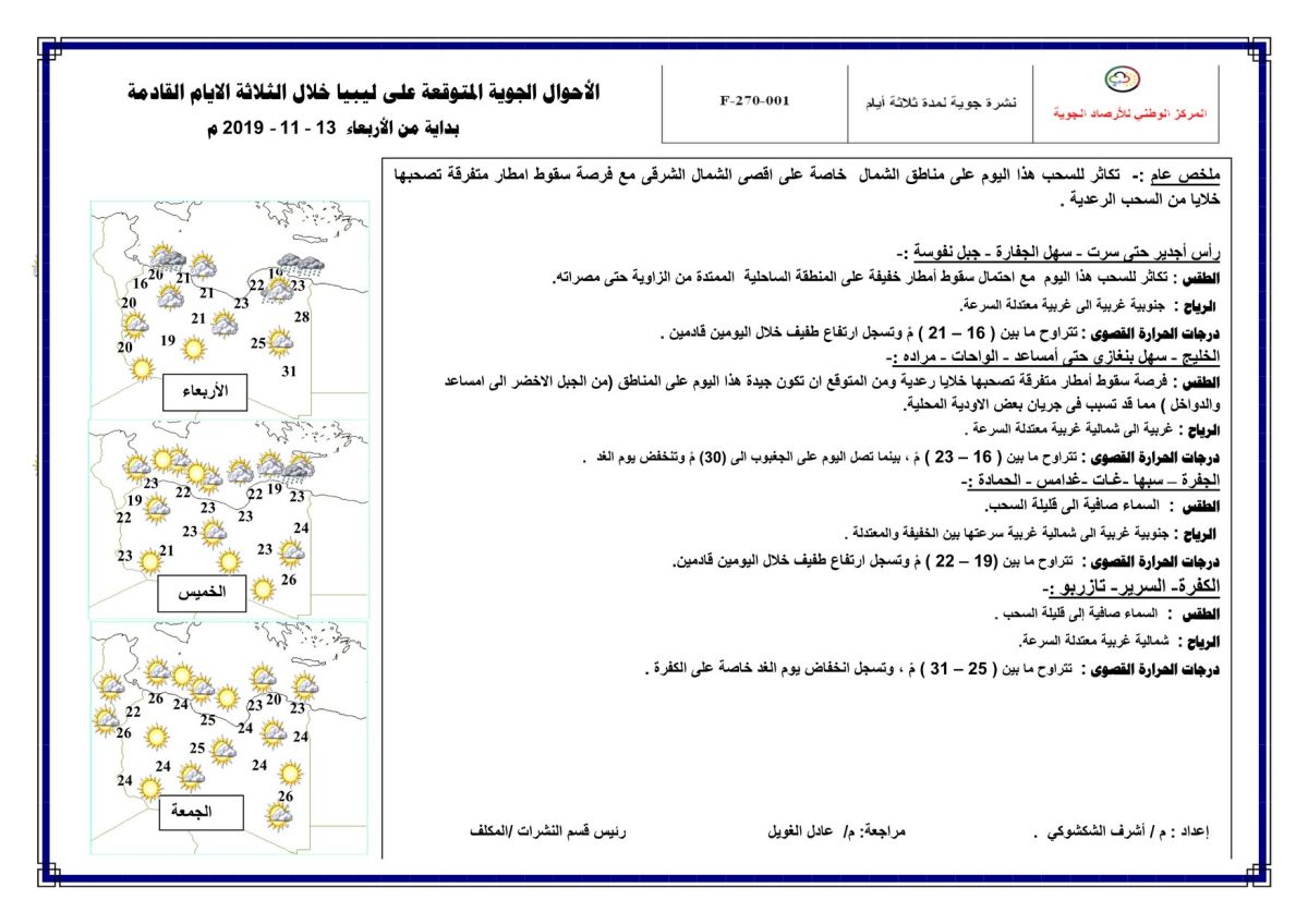 النشرة الجوية ليوم الإربعاء الموافق 13 – 11 – 2019 الصادرة عن المركز الوطني للأرصاد الجوية