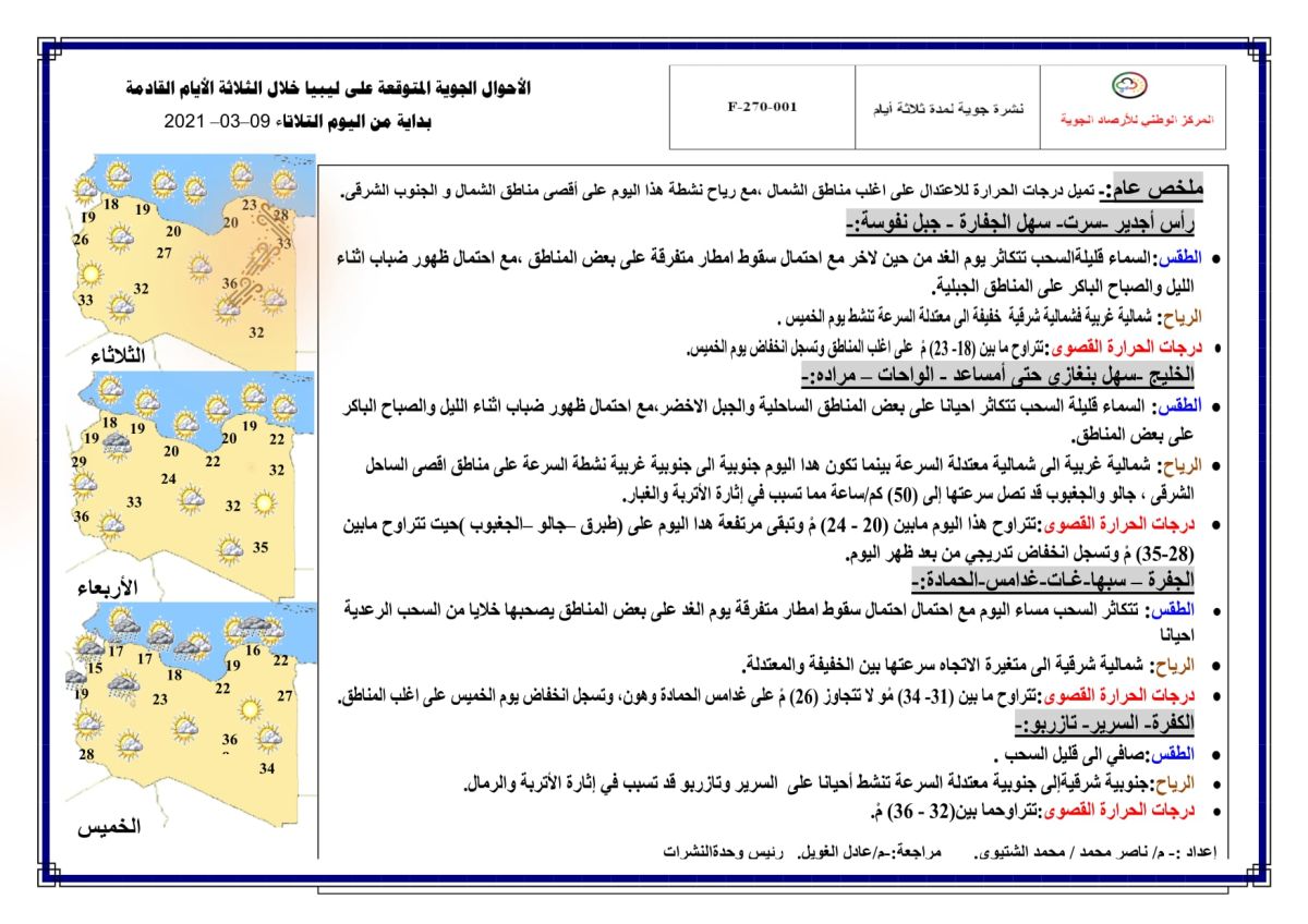 النشرة الجوية ليوم الثلاثاء الموافق 09 – 03 – 2021 الصادرة عن المركز الوطني للأرصاد الجوية