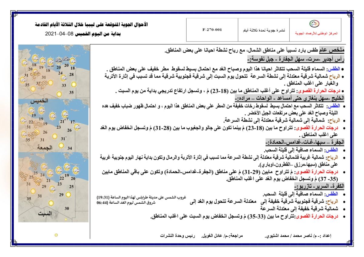 النشرة الجوية ليوم الخميس الموافق 08 – 04 – 2021 الصادرة عن المركز الوطني للأرصاد الجوية