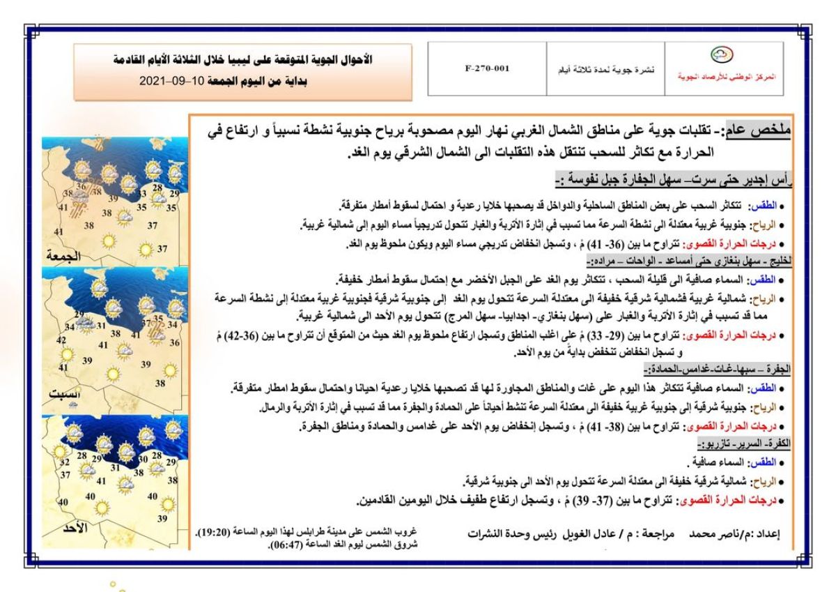 النشرة الجوية ليوم الجمعة الموافق 10– 09 – 2021 الصادرة عن المركز الوطني للأرصاد الجوية