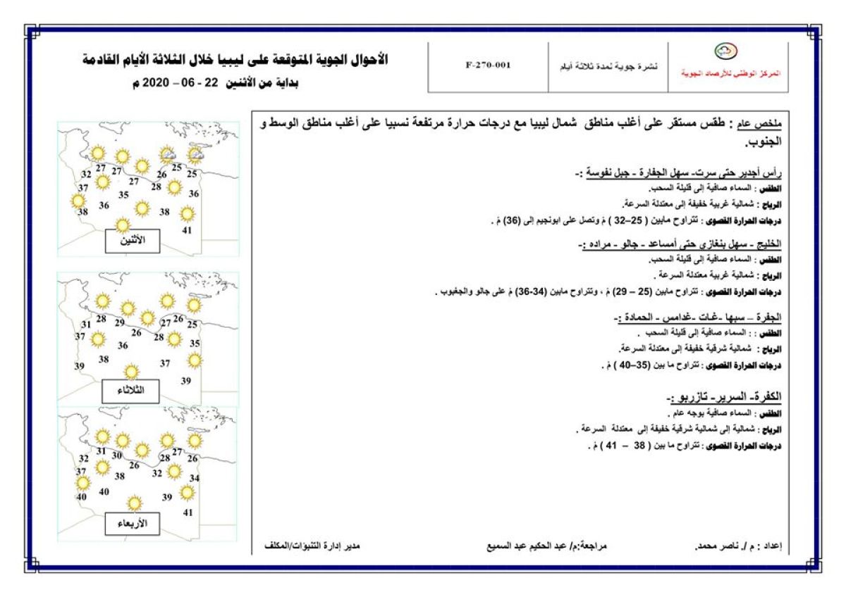 النشرة الجوية ليوم الاثنين الموافق 22 – 06 – 2020 الصادرة عن المركز الوطني للأرصاد الجوية