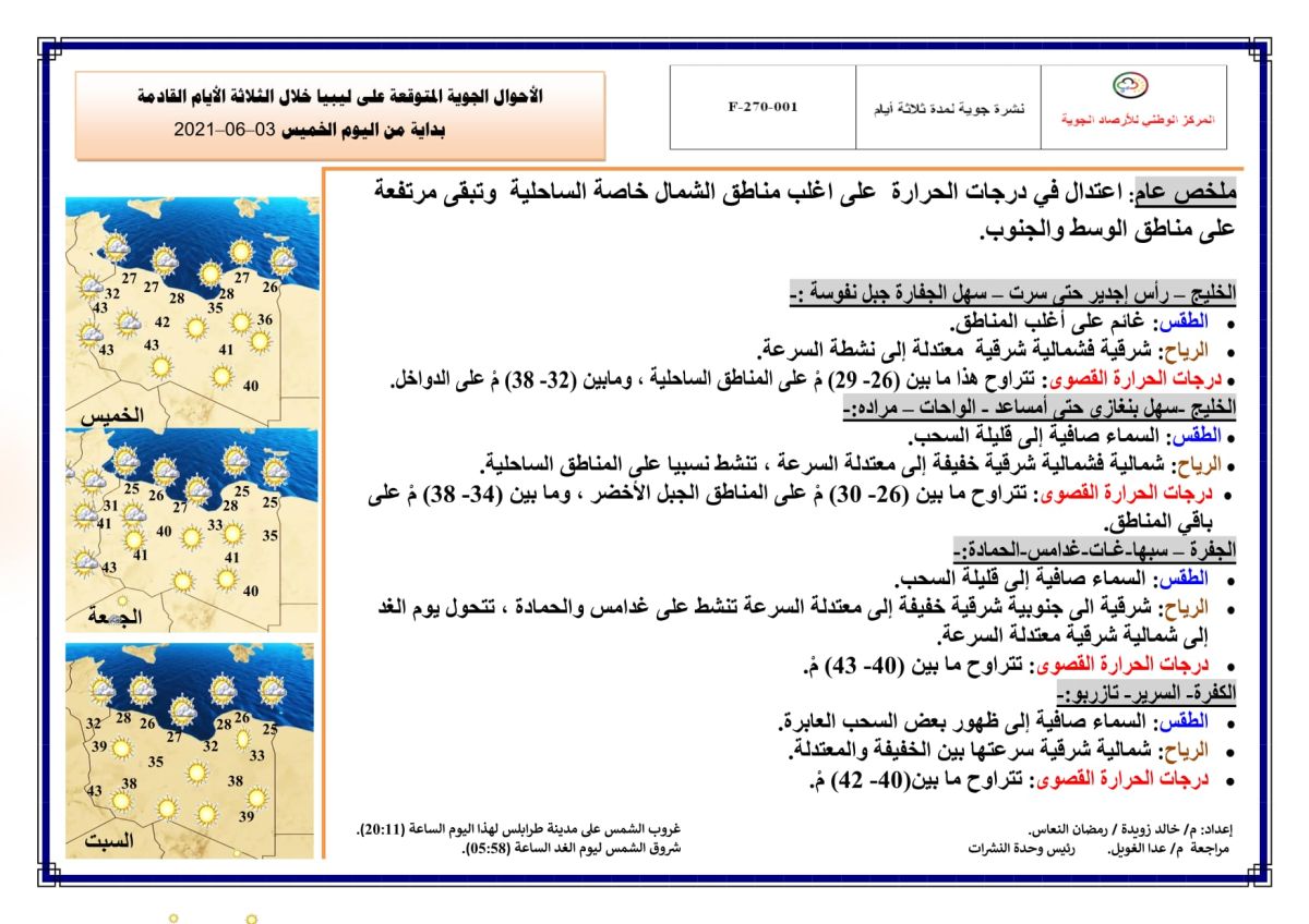 النشرة الجوية ليوم الخميس الموافق 03 – 06 – 2021 الصادرة عن المركز الوطني للأرصاد الجوية