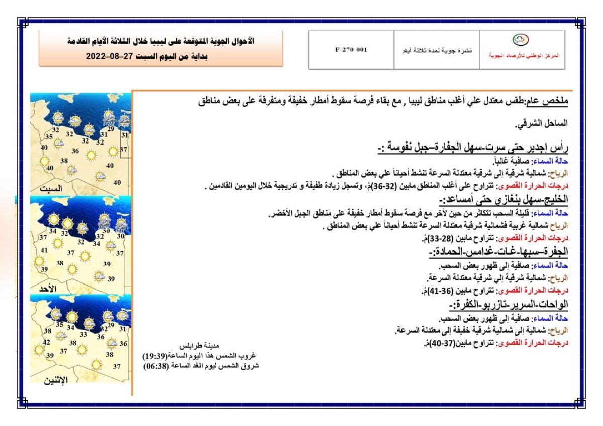 النشرة الجوية ليوم السبت الموافق 27 – 08 – 2022 الصادرة عن المركز الوطني للأرصاد الجوية