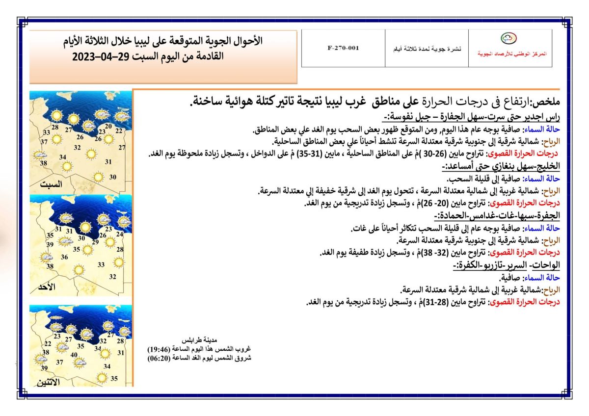 النشرة الجوية ليوم السبت الموافق 29– 04 – 2023 الصادرة عن المركز الوطني للأرصاد الجوية