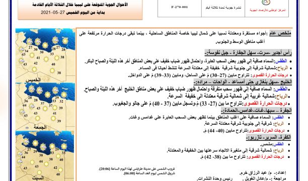 النشرة الجوية ليوم الخميس الموافق 27 – 05 – 2021 الصادرة عن المركز الوطني للأرصاد الجوية