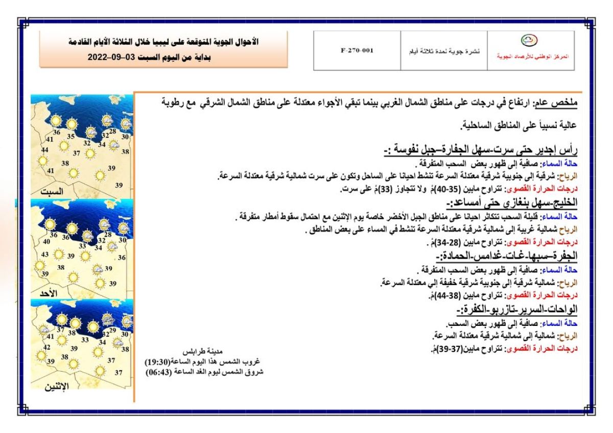 النشرة الجوية ليوم السبت الموافق 3 – 09 – 2022 الصادرة عن المركز الوطني للأرصاد الجوية