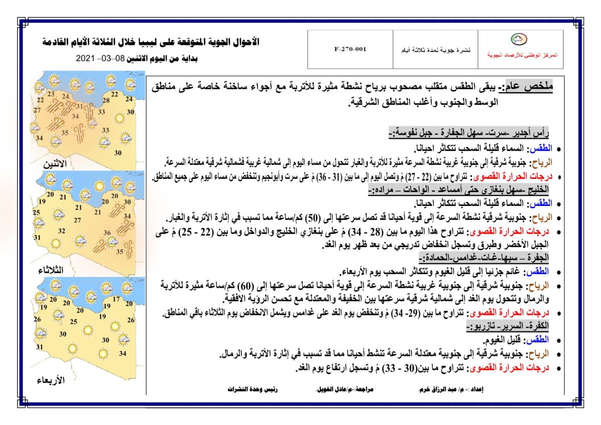 النشرة الجوية ليوم الاثنين الموافق 08 – 03 – 2021 الصادرة عن المركز الوطني للأرصاد الجوية