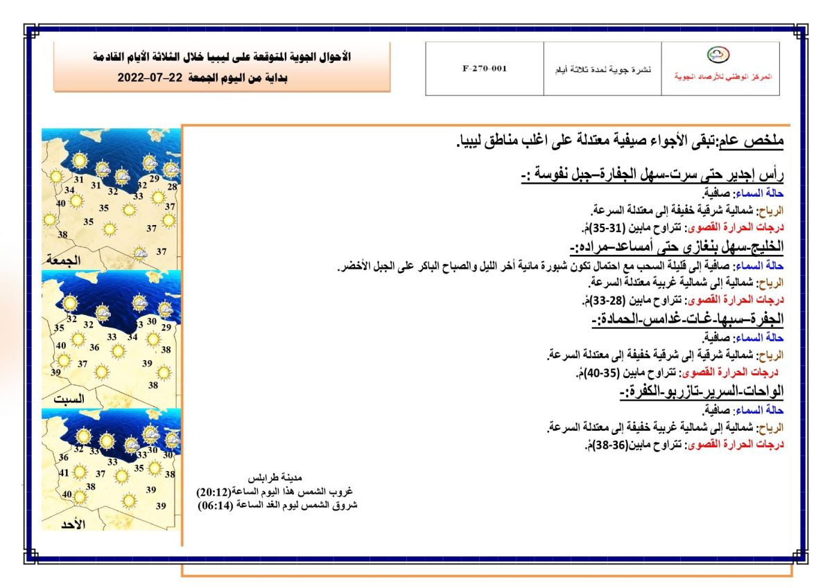 النشرة الجوية ليوم الجمعة الموافق 22– 07 – 2022 الصادرة عن المركز الوطني للأرصاد الجوية