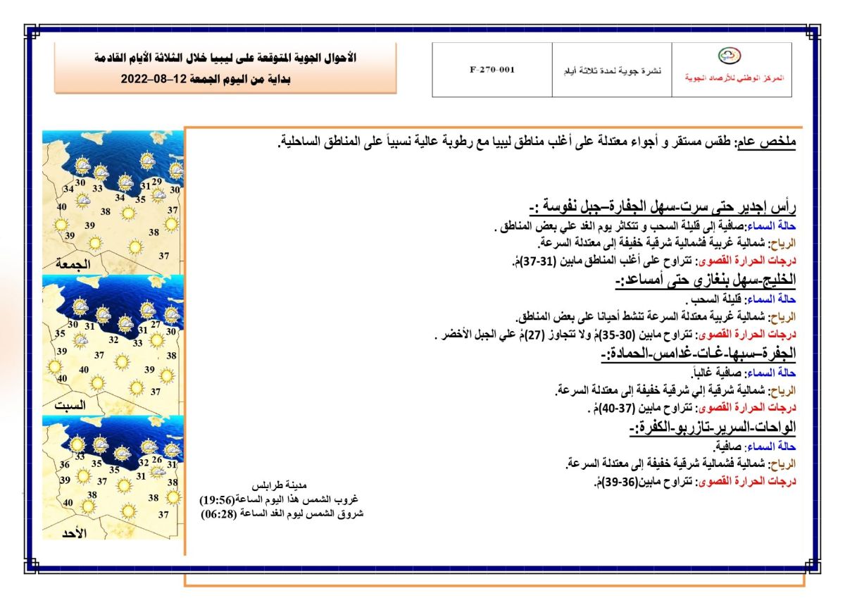 النشرة الجوية ليوم الجمعة الموافق 12 – 08 – 2022 الصادرة عن المركز الوطني للأرصاد الجوية