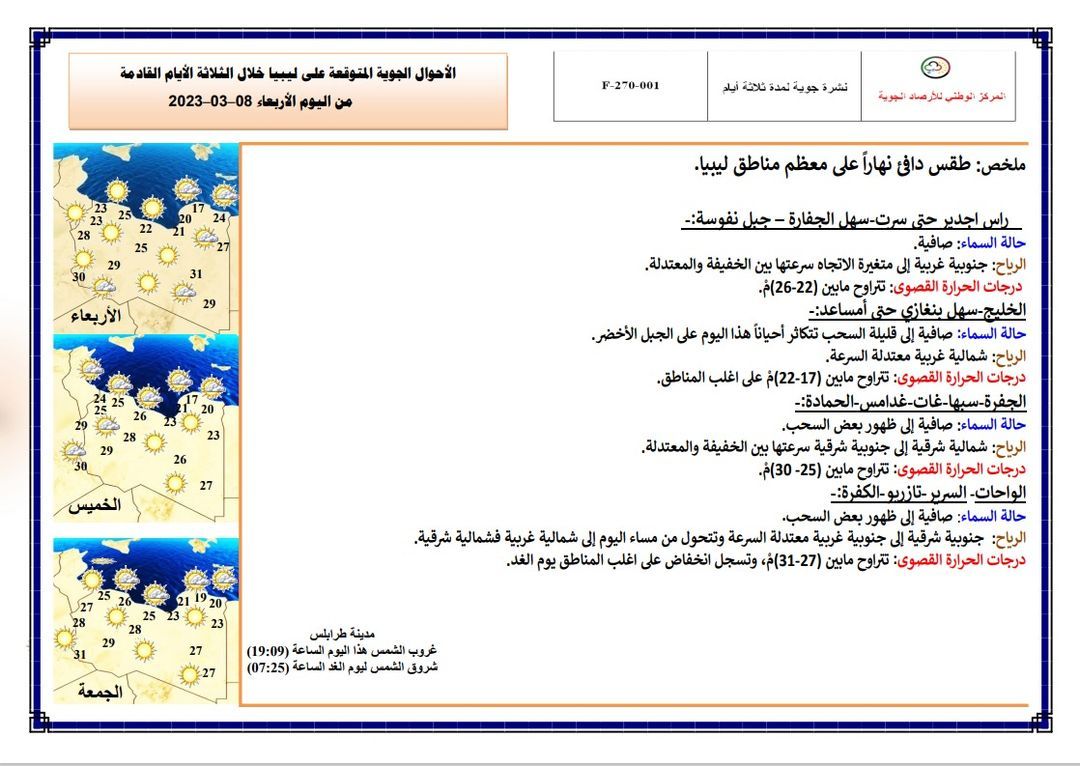 النشرة الجوية ليوم الأربعاء الموافق 08 – 03 – 2023 الصادرة عن المركز الوطني للأرصاد الجوية