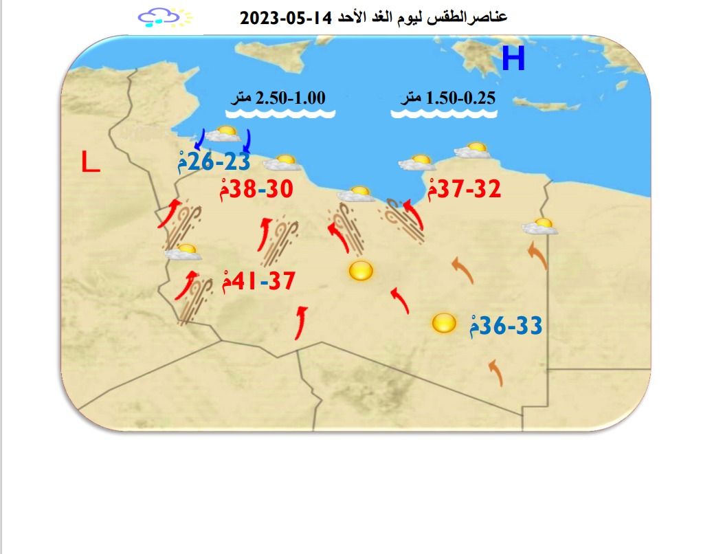 النشرة الجوية ليوم السبت الموافق 13 – 05 – 2023 الصادرة عن المركز الوطني للأرصاد الجوية