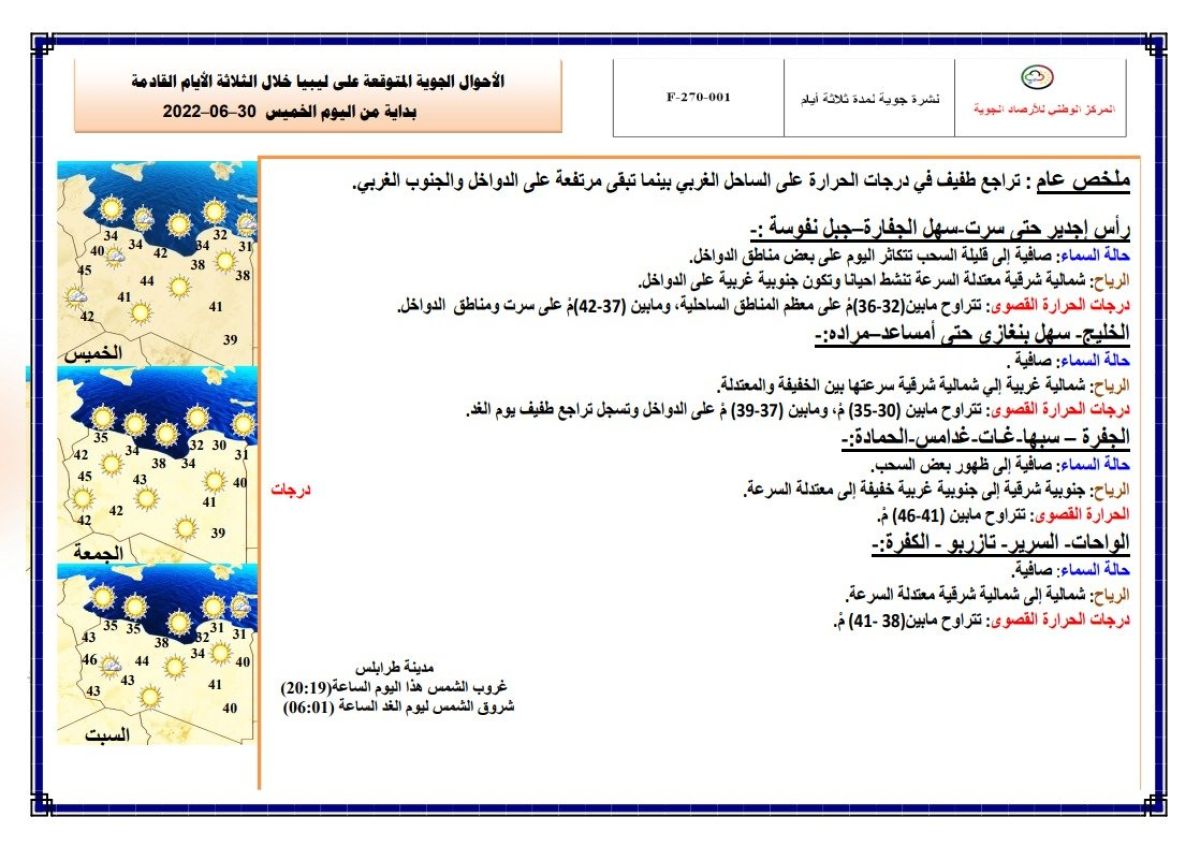 النشرة الجوية ليوم الخميس الموافق 30– 06 – 2022 الصادرة عن المركز الوطني للأرصاد الجوية