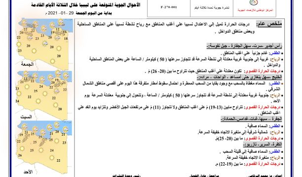 النشرة الجوية ليوم الجمعة الموافق 29 – 01 – 2021 الصادرة عن المركز الوطني للأرصاد الجوية